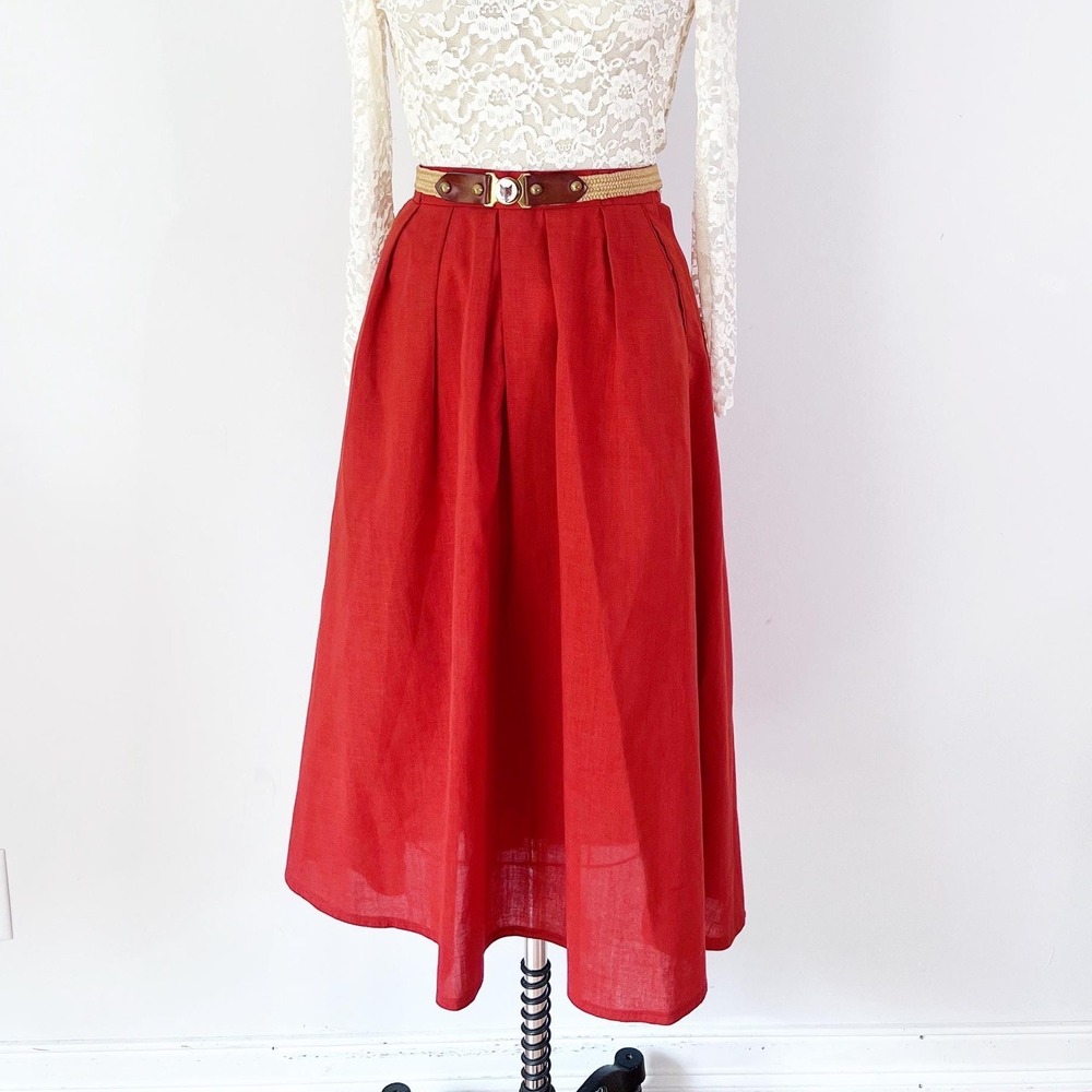 Campus Casuals Vintage Midi Skirt Orange Pleated High Waist Pockets A-Line